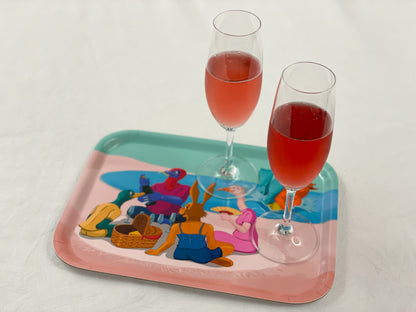 Tray of animals with wine glasses